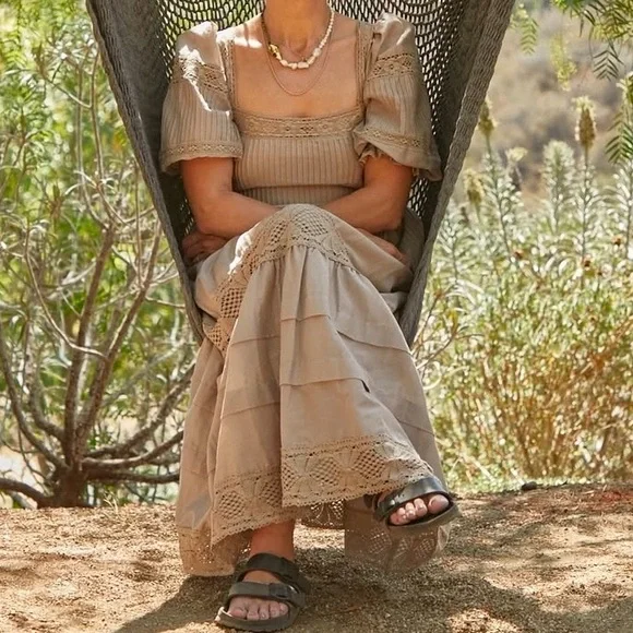 Like-new Hunter Bell Evelyn Lace Cotton Silk Maxi Midi Dress Clay size 4 - Picture 3 of 11